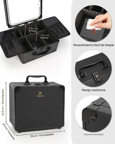 Vista 5 de Relavel - Bolsa de maquillaje con espejo LED, estuche de maquillaje para viajes en tren con espejo iluminado recargable y divisores ajustables Negro