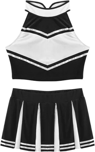 Vista 4 de 2 piezas de uniforme de animadora para mujer, disfraz de juego de rol, tops cortos con faldas plisadas