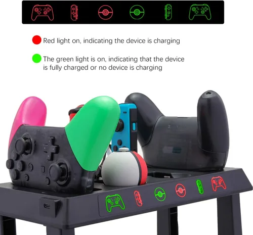 Vista 3 de Cargador para Nintendo Switch, cargador para controladores de interruptor, controladores Poke Ball Plus, soporte de almacenamiento