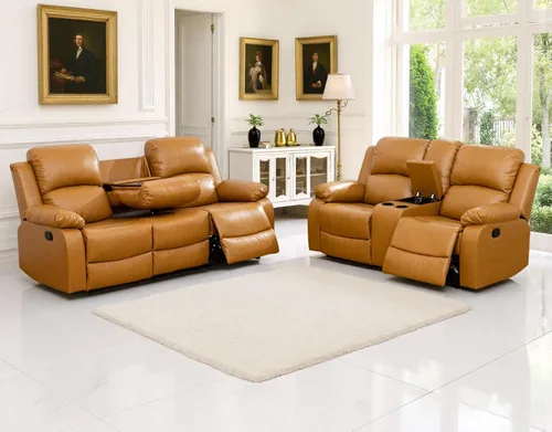 Vista 32 de Sofá reclinable manual moderno, sofá reclinable de cuero de 3 plazas, sofá reclinable de sala de estar, sofá con portavasos y mesa abatible