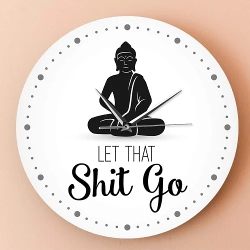 Vista 4 de The Geeky Days Let That Shit Go - Reloj de pared con cita divertida de Buda, decoración zen, arte humorístico, silencioso, sin tictac, regalo