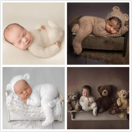 Vista 7 de Accesorios de fotografía para recién nacidos trajes para niños y niñas gorro de oso de angora y mameluco con pies conjunto de disfraz para sesión