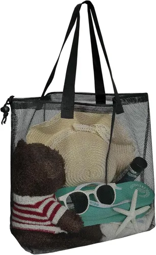 Vista 5 de 4PCS Colorful Mesh Beach Tote Bags With Drawstring For Poolside,Swim,Travel Negro