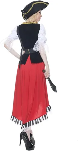 Vista 6 de Disfraz de capitán pirata medieval para mujer, vestido de cosplay de bucanero, disfraz de Halloween para mujer, 4 piezas