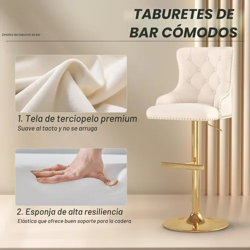 Vista 7 de Juego de 2 taburetes de bar de terciopelo, anillo de león trasero con patrón romboide para cocina