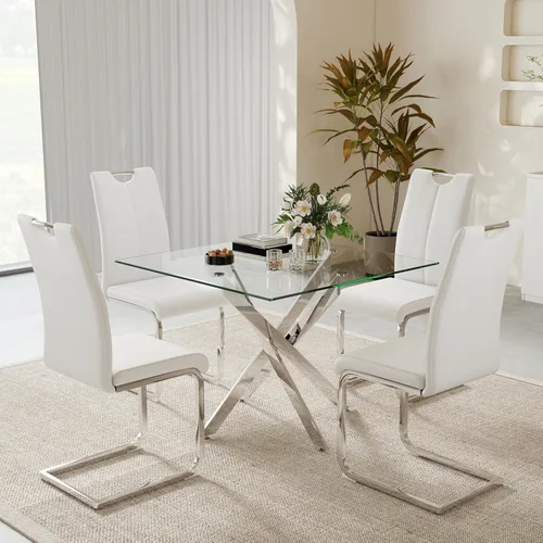 Vista 10 de 36-Inch Square Glass Dining Table Set with 4 Faux Leather High-Back Chairs - Modern Metal Cross-Leg Table with Comfortable C-Leg Seats for Modern