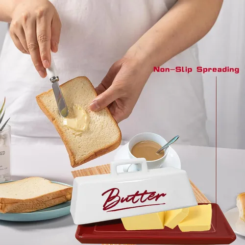 Vista 5 de Mantequillera de cerámica con tapa, plato de mantequilla roja con tapa para encimera y refrigerador, bandeja de mantequilla roja, recipiente