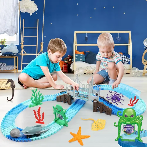 Vista 7 de VATOS - Juguetes de pista 183 piezas, autos de carreras de tiburón para niños y niñas de 3, 4, 5, 6, 7, 9 años, autos de pista flexibles y maleables