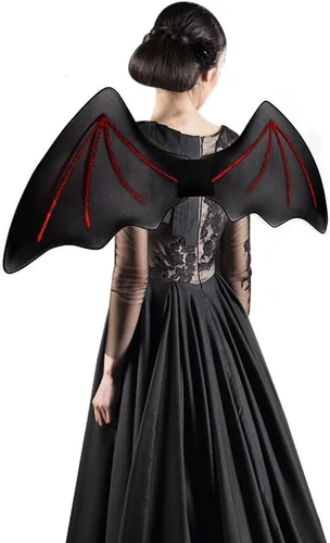 Vista 5 de ALIBBON Disfraz de alas de murciélago de gasa para mujer, accesorios de vestir con alas de murciélago Negro