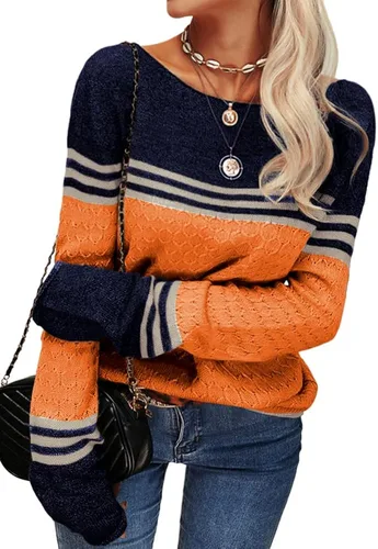 Vista 2 de Danedvi - Suéteres sin botones de color para mujer cuello redondo a rayas de ajuste delgado para otoño e invierno