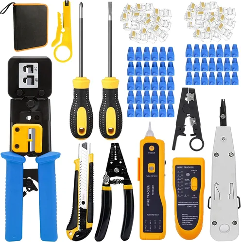 Vista 9 de LEATBUY Crimper Cat5/Cat5e/Cat6 Crimping Tool RJ45 Crimp Tool Set for RJ11/RJ12 Internet Wire Crimp Tools Set Kits with Net Connectors, 30PCS Covers