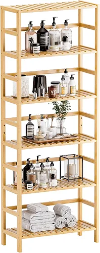 Vista 10 de HITNET Estantería de bambú, estantería abierta de 6 niveles con estantes ajustables, estante de almacenamiento de pie para sala de estar, baño, Negro