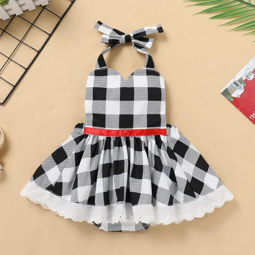 Vista 2 de OBEEII Vestido de Navidad para niños, niñas y mujeres, vestido de fiesta a cuadros y capa de terciopelo a juego para mamá y yo