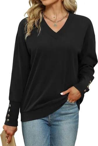 Vista 2 de Dimur Sudaderas con cuello en V para mujer, camisas de manga larga, estilo casual, a la moda, con botones, blusas 2023