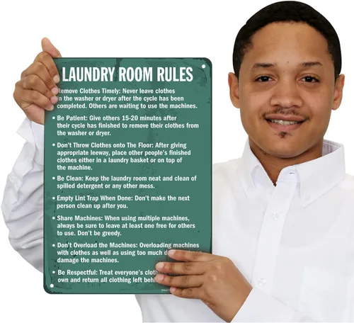 Vista 4 de SmartSign Letrero de metal para lavandería con texto en inglés «Laundry Room Rules – Remove Clothes, Be Clean», 14 x 10 pulgadas, aluminio laminado