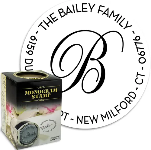 Vista 15 de Sello autoentintado con monograma personalizado, regalo perfecto para las fiestas en una elegante caja de regalo. Elige entre 15 colores de tinta