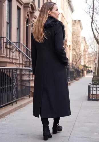 Vista 3 de Jessica London Abrigo largo de mezcla de lana con cuello de piel sintética Negro