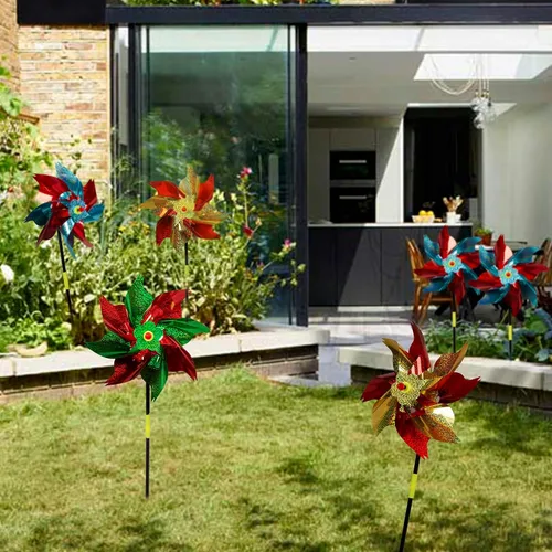 Vista 6 de PROLOSO Molino de viento decorativo de Mylar reflectante holográfico, 15 unidades, para jardín, patio, piscina