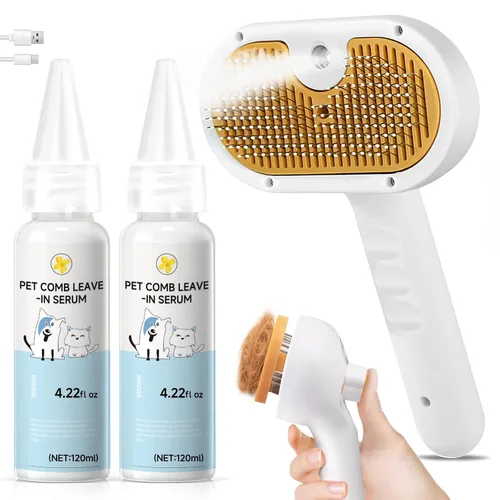 Vista 10 de Cepillo de vapor para mascotas para perros y gatos – Peine de depilación en aerosol 3 en 1 para quitar pelo y aseo, suaviza la piel y reduce