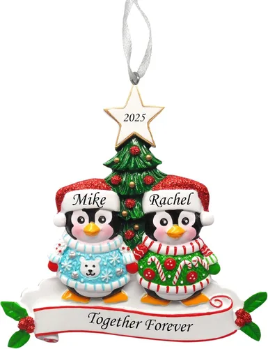 Vista 9 de Adorno de Navidad personalizado para parejas de pingüinos 2025, regalo personalizado para parejas, recién casados, parejas casadas y comprometidas