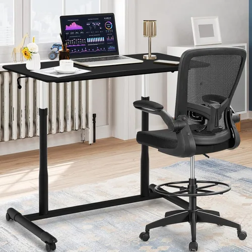 Vista 4 de COSTWAY Escritorio móvil de pie ajustable en altura, escritorio neumático compacto para computadora sentado a pie con ruedas bloqueables, mesa