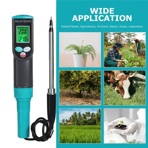 Vista 8 de Medidor digital EC de suelo 2 en 1 plantas porfesionales medidor de temperatura EC con sensor con cable, pantalla LCD retroiluminada, compensación