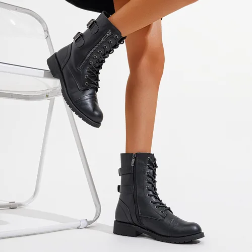 Vista 2 de Vepose Botas de combate para mujer, tacón bajo, botas militares a media pantorrilla con bolsillo para tarjetero, cuchillo y cartera