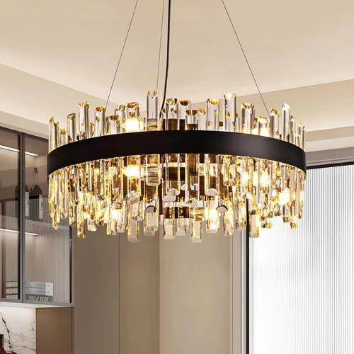 Vista 19 de Siljoy - Candelabro de cristal moderno, 12 luces, lujoso, redondo, de 2 niveles, con cristal K9 en forma de gota de lluvia, lámpara colgante de Oro