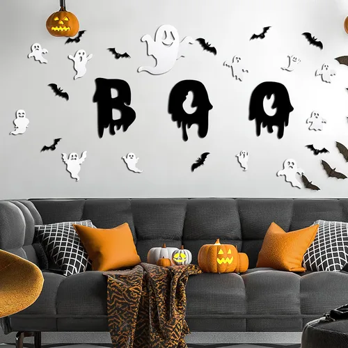 Vista 4 de 24 calcomanías 3D para decoración de pared de fantasmas de Halloween, reutilizables, autoadhesivas, lindas calcomanías blancas espeluznantes