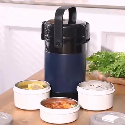 Vista 2 de Lonchera apilable de acero inoxidable de 3 niveles, botella aislada al vacío de acero inoxidable a prueba de fugas, adecuada para llevar alimentos a
