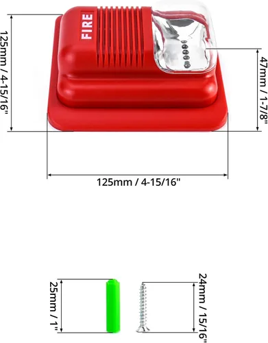 Vista 7 de QWORK Alarma de incendios, 12 / 24 V CC con cable de sonido y luz de alarma de incendios de advertencia estroboscópica de sirena, sensor de sistema