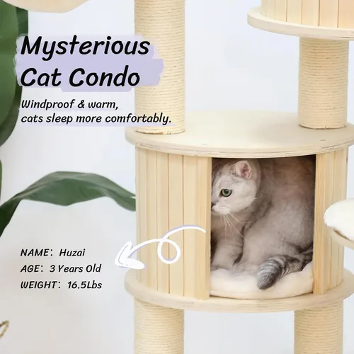 Vista 3 de KAMABOKO Árbol para gatos de 67 pulgadas de alto, árbol extragrande para gatos, torre masticable de madera de 8 niveles con condominio para gatos