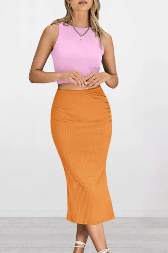Vista 9 de PRETTYGARDEN Conjunto de 2 piezas de verano para mujer, cuello redondo, sin mangas, con abertura, falda midi