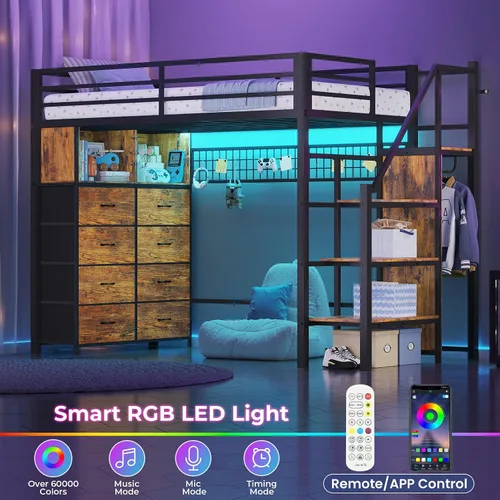 Vista 5 de ADORNEVE - Cama tipo loft tamaño individual con escaleras de almacenamiento, 8 cajones, cama tipo loft de metal para niños tamaño individual