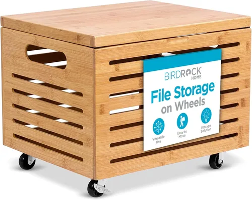 Vista 10 de BIRDROCK HOME Caja organizadora de almacenamiento de archivos rodante de bambú con tapa, archivador decorativo sobre ruedas, caja de archivos