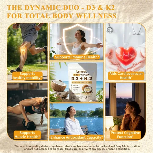 Vista 3 de Suplemento de vitamina D3 K2 2 en 1 Softgel, vitamina D3 10000 UI y vitamina K2 200 mcg, K2 MK7 con suplemento de vitamina D3 que apoya la salud