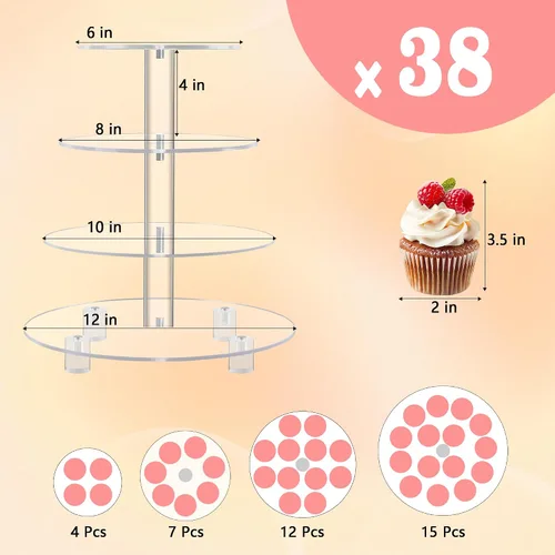 Vista 5 de YestBuy Soporte redondo de acrílico para cupcakes de 4 niveles con base, soporte premium para cupcakes, torre de exhibición de cupcakes de acrílico