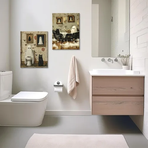 Vista 6 de 2 piezas divertidas de fantasmas para baño, arte de pared de fantasma espeluznante en el inodoro, decoración de pared de espectro gótico y lindo