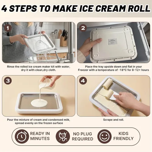 Vista 5 de Kit para hacer helados enrollados, máquina para hacer helados en casa con bandeja de congelación instantánea con tapa y 2 espátulas, máquina