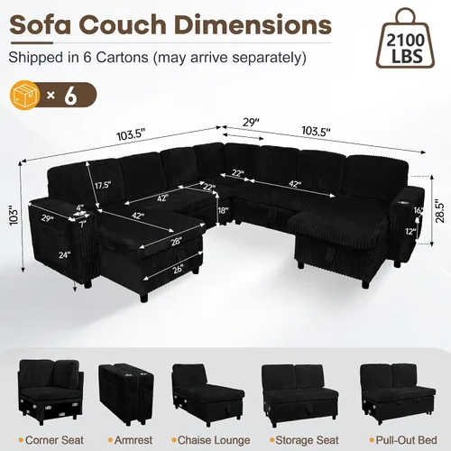 Vista 2 de Sofá cama modular de 103.5 pulgadas con cama extraíble, sofá de gran tamaño con almacenamiento, sofá modular para sala de estar, color beige Negro