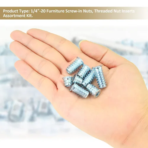 Vista 5 de Juego de 142 piezas: Insertos roscados de 1/4"-20 (10mm, 15mm, 20mm, 25mm), tuercas e insertos de madera para tornillos de muebles de madera, azul
