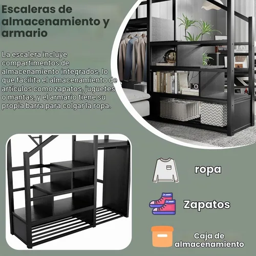 Vista 4 de Mirightone Cama elevada de tamaño completo con escaleras, camas elevadas de metal, estructura de cama elevada con estantes de almacenamiento, cama