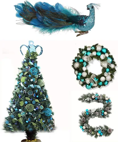 Vista 8 de Adornos de Navidad 2023, plumas de pavo real, pavo real con adorno de purpurina con clip, decoraciones de pájaros falsos para árboles de Navidad