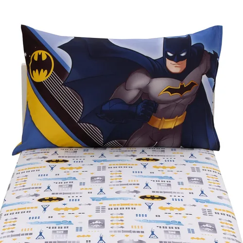Vista 5 de Warner Brothers Batman The Caped Crusader - Juego de sábanas de 2 piezas para niños pequeños, sábana bajera ajustable y funda de almohada reversible
