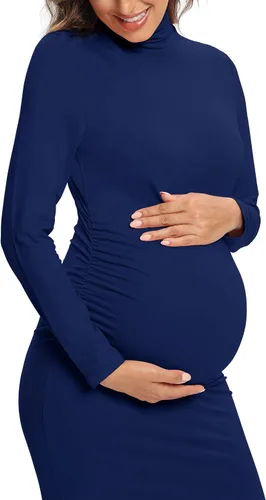 Vista 2 de Vestido de maternidad de manga larga con cuello alto, vestido de embarazo ajustado a media pierna para uso casual, sesión de fotos, baby shower