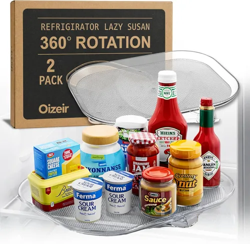 Vista 8 de Oizeir Frigorífico Lazy Susan - Organizador rectangular transparente para refrigerador con ventosas, bandeja giratoria de 360° para refrigeradores