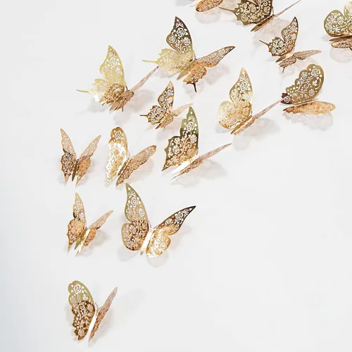 Vista 5 de Calcomanía de pared de mariposa dorada champán, mosca de mantequilla, para cumpleaños, boda, baby shower, decoración de sala de estar, dormitorio