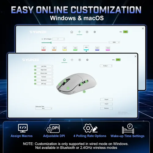 Vista 7 de YUNZII Ratón inalámbrico para juegos M1, mouse para juegos trimodo 2.4G/BT/cable, sensor PAW3311 10000 DPI recargable con 5 botones programables