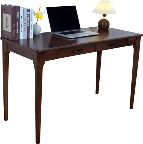 Vista 15 de Escritorio de madera maciza con cajones, escritorio de computadora de madera para oficina en casa, escritorio de estudio de juegos para espacios