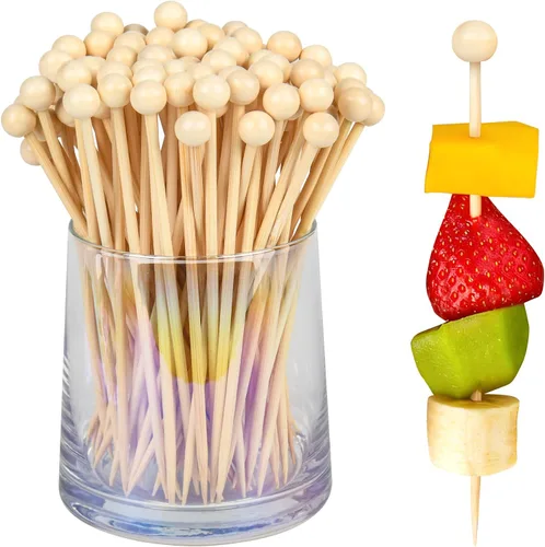 Vista 12 de 100 palillos de dientes elegantes para aperitivos, palillos de cóctel de perlas doradas de 4.7 pulgadas para bebidas, brochetas de bambú